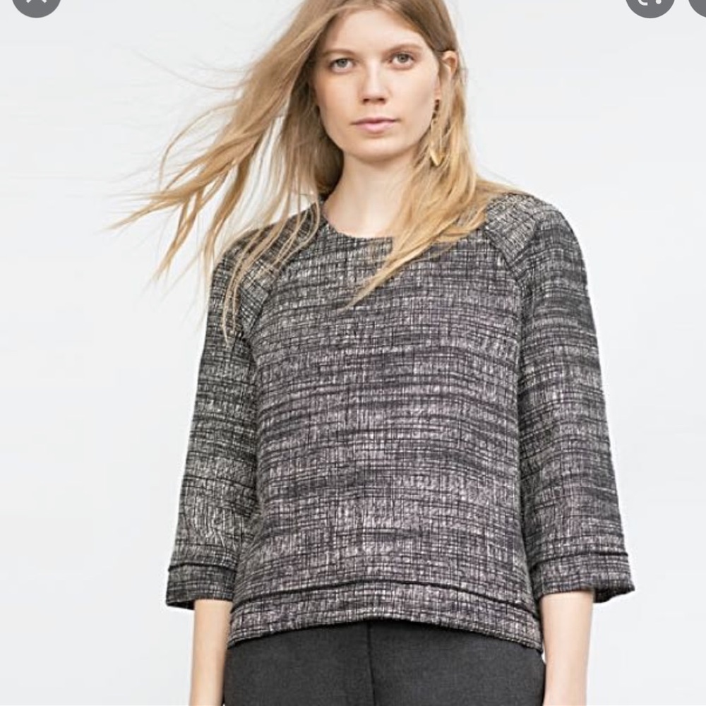 ZARA tweed top 3/4 sleeves black white gray textured woven square